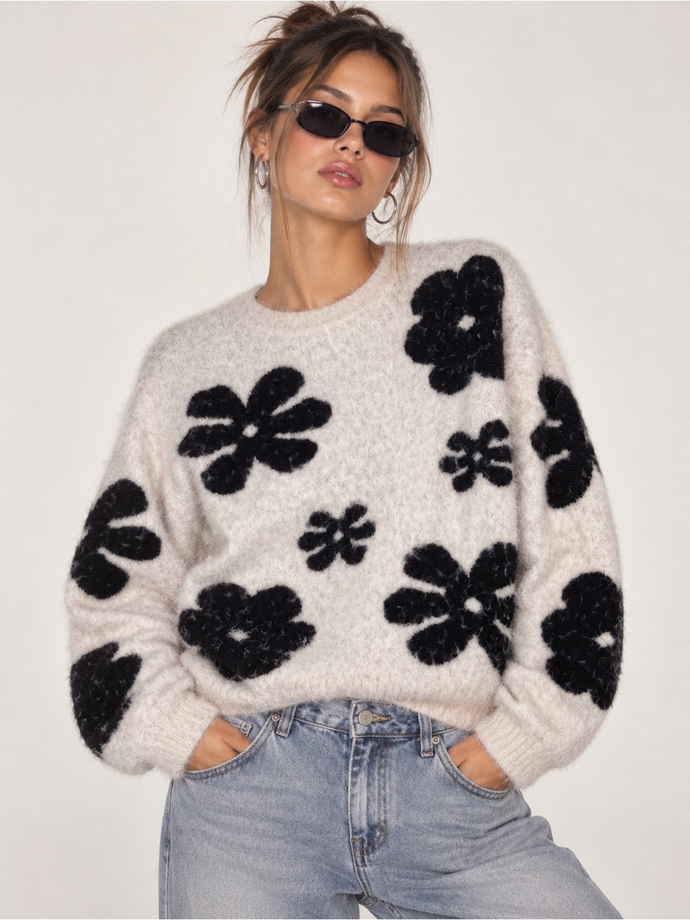 Y2K Fuzzy Floral Sweater Black White Oversized Statement Pullover Soft Knit